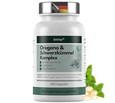 EXVital® Oregano- & Schwarzkümmelöl Komplex, 180 vegane Kapseln, 100 mg Oreganoöl & 1000 mg Schwarzkümmelöl pro Tag, 80% Carvacrol, hochdosiert & Ohne Zusätze