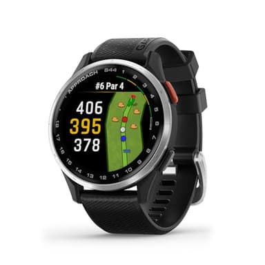 Garmin Approach® S44 Essential Golf GPS-Smartwatch, AMOLED-Display, On-Course-Funktionen, silberfarbene Aluminium-Lünette mit schwarzem Silikonband