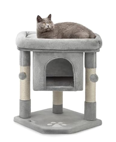 lionto Kratzbaum für Katzen mit Höhle & 2 Plüschballen inkl. Glöckchen, Höhe 60 cm, Katzenbaum mit robustem Sisalseil & weichem Plüsch, gemütliche Liegefläche, für kleine & große Katzen, hellgrau