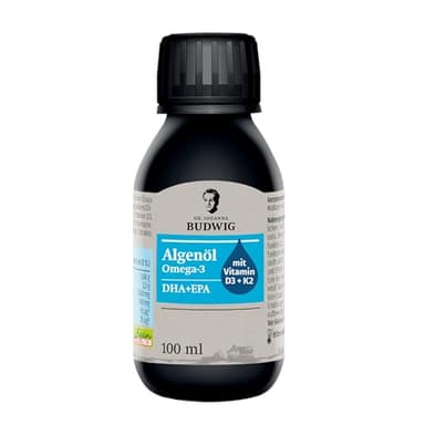 Dr. Budwig Premium Omega 3 Algenöl Vegan Pur (100ml) - hochdosiert - 2300mg natürliches DHA, DPA & EPA - Vitamin D3 und K2 - flüssig - laborgeprüft - Alternative zu Fischöl