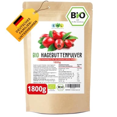 EWL Naturprodukte Hagebuttenpulver BIO 1800g, Hagebuttenpulver in Rohkostqualität, Bio Hagebuttenpulver aus kontrolliert biologischem Anbau, Vegan