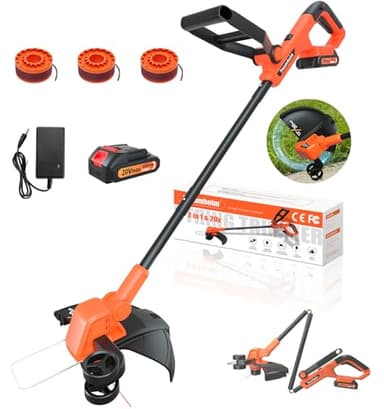 Traumheim 20V Rasentrimmer mit Akku, 30CM 2-IN-1 Rasenkantenschneider, Automatik Fadennachführung Akku Rasentrimmer mit 3 Fadenspulen/1*2,0Ah Akkus/Ladegerät, 90° Drehbarem Trimmerkopf, für Hof/Garten