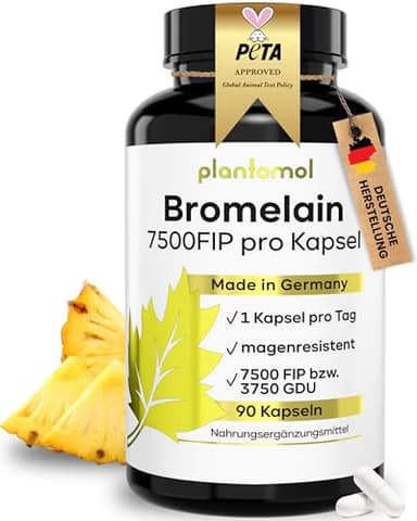 Bromelain Kapseln mit 7500 FIP/Kapsel - Bromelain hochdosiert - 750mg Bromelain Enzym aus Ananas - Enzymaktivität von 10.000 FIP/g - 3 Monatsvorrat