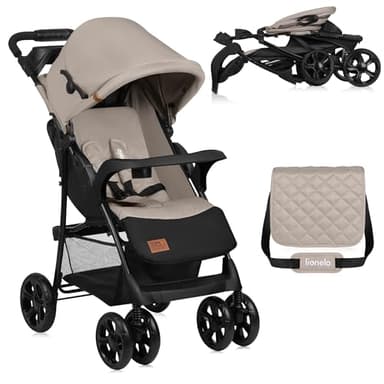 LIONELO Emma Plus Kinderwagen bis zu 15 kg, Kindersportwagen, leicht modern klein Buggy mit Liegeposition, zusammenklappbar, große Räder, großer Korb, Tasche Stone