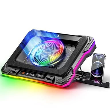 MOOJAY Laptop Kühlkissen Leistungsstarker Turbolüfter RGB Gaming Notebook Kühler mit 8 Höhenverstellbar und Handyständer, für 14-19 Zoll Laptops - Farbiges LED-Licht