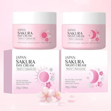 2 Stück Sakura Tagescreme & Nachtcreme Duo für Teenager-Mädchen, Anti-Aging Gesichtscreme Set mit Retinol, Hyaluronsäure und Vitamin C, Tages und Nachtpflege Feuchtigkeitscreme für Frauen