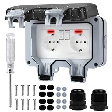 promixc Außensteckdose Steckdose, Wetterfest Steckdosen mit Schalter und Kontrollleuchte, IP66 Wandsteckdose Vertiefen Garten Geeignet für alle - Upgrade Doppelt