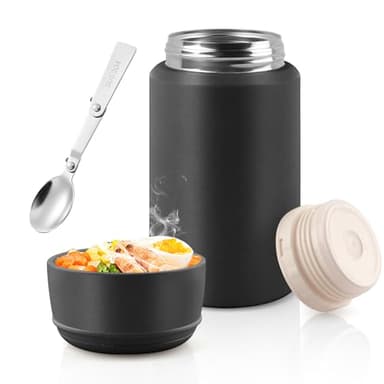 Acasimo Thermobehälter für Essen 750ml, Edelstahl Warmhaltebehälter Essen mit Löffel, müslibecher to go, Thermo lunchbox für Gefrierschrank, Spülmaschine, Erwachsene(Schwarz)