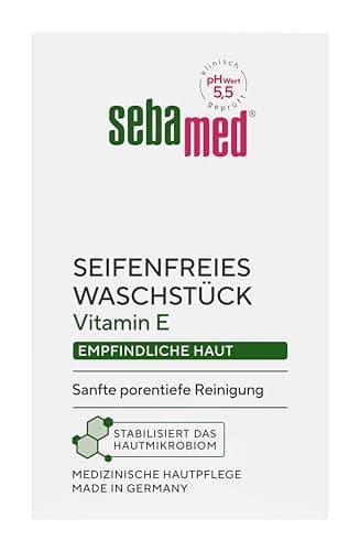 Sebamed seifenfreies Waschstück 50 g, in praktischer Reisegröße für unterwegs, mit Vitamin E, für die seifenfreie Reinigung empfindlicher Haut, zur Hand-, Gesichts- und Körperreinigung geeignet