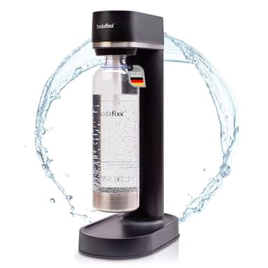 Sodafixx Wassersprudler Schwarz - Soda Maker + 1 PET Wasserflasche 0,85L - Sprudelwasser Maschine ohne Strom - Wasser Sprudel Gerät für 60L CO2 Zylinder - Sprudelwasser Flasche - Soda Wassersprudler