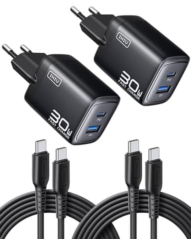 INIU 30W USB C Ladegerät, 2-Pack [USBC + USBA] Schnellladegerät mit Kabel, GaN PD Mehrfach Netzteil, USB C Charger für iPhone 17 16 Pro Max, iPad Pro, MacBook Air, Galaxy S25 S24 S23 Ultra, Google etc