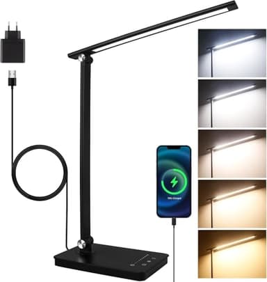 Akynite 42 LED Schreibtischlampe Dimmbar USB Anschluss, 2A Adapter enthalten, 5 Farben 10 Helligkeit Leselampe Schreibtisch, Klappbare Lampe Touch mit Timer, Leselampe für Kinder, Schwarz