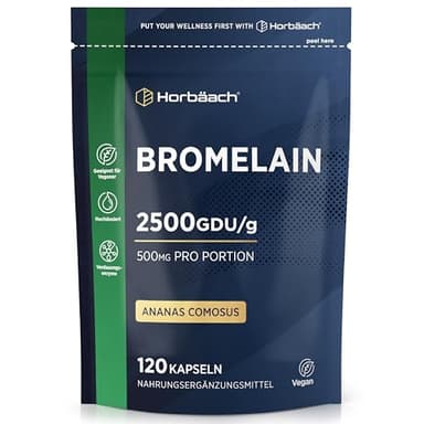 Bromelain Kapseln 500mg (5000 F.I.P) | 2500 GDU/g | 120 Vegane Kapseln | Hochdosiert Verdauungsenzym | von Horbaach