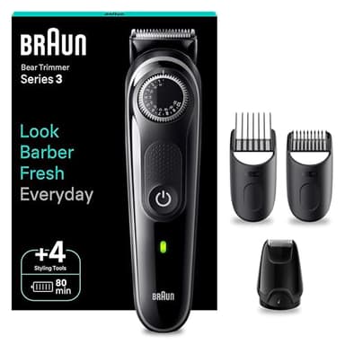 Braun Barttrimmer Series 3, Elektrischer Bartschneider Herren mit 4 Zubehörteile, Ultrascharfe ProBlade Klinge, 80 Min Akkulaufzeit, Kabelloser Bartrasierer, 40 Längen, Wasserdicht, BT3440, Schwarz