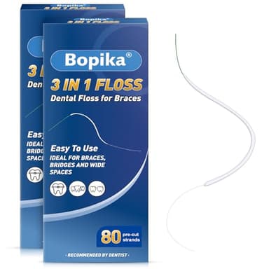 Bopika 3-in-1 Zahnseide für Zahnspangen, Brücken & Implantate – Superfloss mit Einfädelhilfe & flauschigem Mittelteil – 160 vorgeschnittene Fäden (2er Pack)