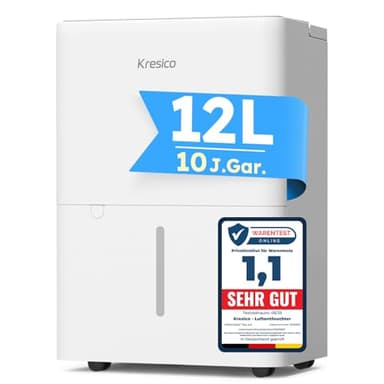 Kresico Luftentfeuchter elektrisch 12L, Entfeuchter elektrisch, Luftentfeuchter Keller für Räume bis zu 122m³/25m², Raumentfeuchter elektrisch 35dB mit Ablaufschlauch, Filter, Timer, 10 J. Gar.
