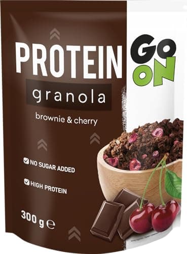 GO ON - Protein Granola 300g, Müsli ohne Zucker, Knuspermüsli, Müsli mit Pflanzlichem Eiweiß, Gesundes Frühstück, Getreideflocken - Brownie Kirsche
