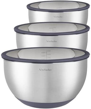 Winzbacher Edelstahl Schüssel mit GLAS-Deckel [3er Set] 1l + 2.5l + 4.5l | Rührschüssel, Salatschüssel, Schüsselset, | rutschfest | stapelbar | Spülmaschinenfest