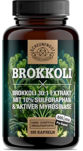 Brokkoli Kapseln -WICHTIG: 30000mg Brokkolisprossen Hochdosiert (30:1 Extrakt) pro Dosis -50mg Sulforaphan je Kapsel mit Aktiver Myrosinase- Laborgeprüft + Vegan -DE- SCHEUNENGUT®