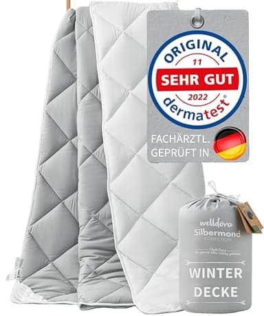Welldora OPTICLIMA Allergiker Bettdecke 155x220 Winter | Fachärztlich geprüft | Made in Green Oeko-Tex zert. in der Schweiz | Ultra warme Winterdecke | Wendedecke Silbergrau-Weiß | Premium Steppdecke