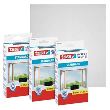 tesa Insect Stop Standard Fliegengitter für Fenster im 3er Pack - Insektenschutz zuschneidbar - Mückenschutz ohne Bohren - 3 x Fliegen Netz - 100 cm x 100 cm - Anthrazit