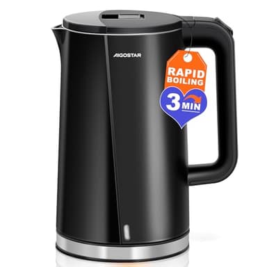 Aigostar Wasserkocher Schwarz Matt Edelstahl 1,7 Liter - Schnelles Electric Kettle 2200W, Doppelwand Hitzeschutz, Kein Kunststoffkontakt, Automatische Abschaltung, BPA-frei, ideal für Küche Büro