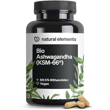 natural elements Bio-Ashwagandha – KSM-66® Premiumrohstoff (180 Kapseln mit überdurchschnittlicher Reichweite) – 5% Withanolid-Gehalt – laborgeprüft, vegan und hochdosiert