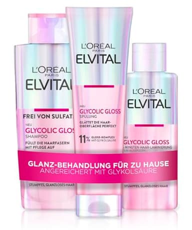 L'Oréal Paris Elvital Glycolic Gloss Bundle mit Shampoo, Spülung, 5 Minuten Haar-Laminierung für glanzloses Haar, Pflegeroutine für gesunde Haare und starken Glanz, Set mit Glykolsäure, 3-teilig