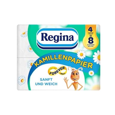 Regina Kamillenpapier 4=8 Forever Roll Toilettenpapier – 3-lagig, 4 Maxi-Rollen Packung, 300 Blatt pro Rolle, Sanft und Weich mit Kamillenduft aus FSC-zertifiziertem Papier