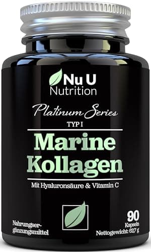 Marine Kollagen Hyaluronsäure & Vitamin C Komplex hochdosiert - 90 Kapseln - Hydrolysiertes 100% reines Fisch Kollagen Typ I - Collagen mit Vitaminen & Mineralien - 1 Monat Vorrat - Nu U Nutrition