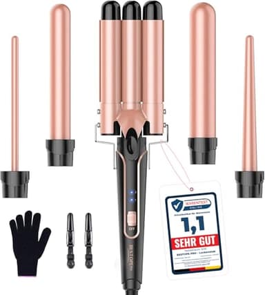 BESTOPE PRO Lockenstab Lockenstäbe 3 Fässer Welleneisen 5 in 1– Lockenstab Set 3 Fässer für großer Wellen, Temperatureinstellung, Schnellaufheizung und einem Handschuh, 2 Clips, Roségold