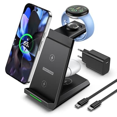 NANAMI induktive Ladestation für Google Pixel Watch 3/2/Fitbit Versa 4/3, 3 in 1 Wireless Charger für Google Pixel 10 Pro/10/9/9a/8/7, induktionsladegerät für Pixel Buds Pro 2(Not for Pixel Watch 4/1)