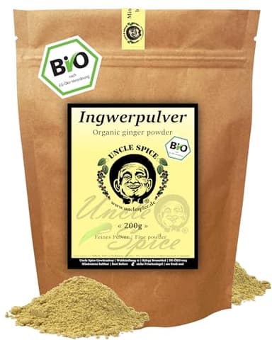 UNCLE SPICE® BIO Ingwerpulver - 200g Ingwer-Wurzel fein gemahlen in PREMIUM-BIO-QUALITÄT - Ginger powder, Ingwer-Pulver, Ingwerwurzel, DE-ÖKO-005 - Ajurveda Ingwertee