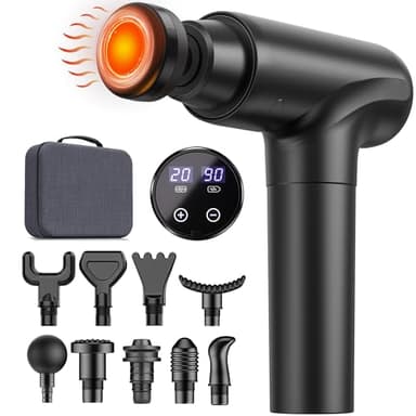 Massagepistole mit Wärmefunktion, Muskel Percussion Massagegerät, Massage Gun mit LED-Touchscreen, 20 Geschwindigkeiten, 10 Massageköpfe, Tragetasche, Leise Elektrische Massage Pistole