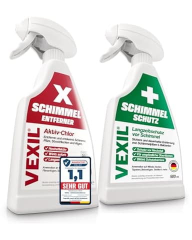 VEXIL Schimmelbekämpfung Duo – Schimmelentferner mit AKTIV-CHLOR + Schimmelschutz Spray – Schimmel entfernen & Neubefall verhindern – Bis zu 18 Monate Langzeitschutz – 2x 500 ml – Made in Germany