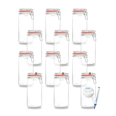 BAUER Flaschenbauer - 12 -teiliges Set Drahtbügel-Vorratsgläser 1550ml, geeignet als Einmach- und Fermentierglas, zur Aufbewahrung, zum Befüllen, Drahtbügelgläser Inklusive Etiketten - Made in Germany