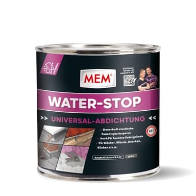 MEM Water Stop Abdichtungsmasse, Universalabdichtung & Feuchtigkeitssperre für innen & außen, Sofort dichtend, Lösemittel-, silikon- & bitumenfrei, Grau, 1 kg Eimer