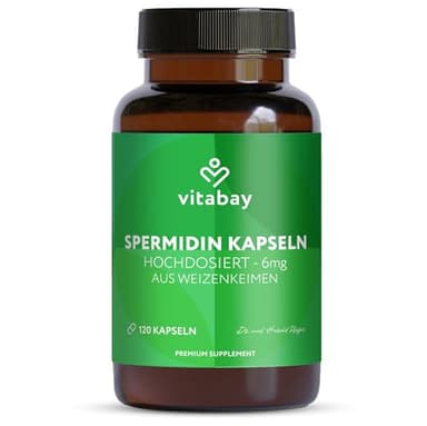 Vitabay Spermidin 6 mg hochdosiert – 120 vegane Kapseln mit fermentiertem Weizenkeimextrakt – Laborgeprüft in Deutschland und ohne Zusatzstoffe – Vorrat für 2 Monate