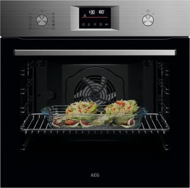 AEG Einbaubackofen, Serie 5 Ringheißluft: Gleichmäßige Garergebnisse auf 3 Ebenen, Pyrolyse Selbstreinigung, 45 Automatikprogramme, LED-Touchdisplay, Schnellaufheizung, Edelstahl, OU5PB40WSM