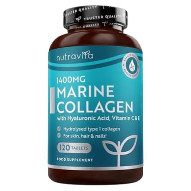 Nutravita Marine Collagen und Hyaluronsäure Kapseln Hochdosiert 1400mg - Kollagen Hydrolysat Typ I - 120 Tabletten nicht Collagen Kapseln - Fisch Kollagen - mit Hyaluron, Vitamin C, E, B2, Zink