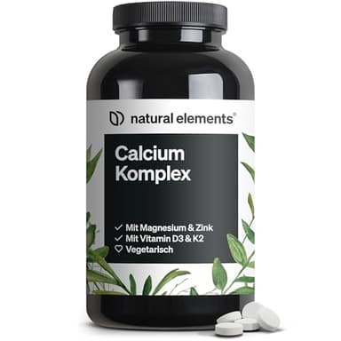 natural elements Calcium Komplex mit Magnesium & Zink – 360 Tabletten – 520mg Calcium pro Tagesdosis – mit Vitamin D3 & K2 – optimal dosiert, ohne unnötige Zusätze – laborgeprüfte Qualität