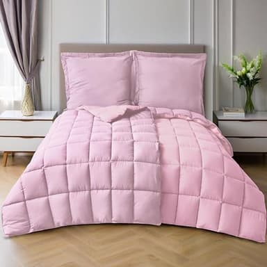 HIG Bettdecken-Set 4-teilig mit 2X Steppdecke 135x200 cm und 2X Kissenbezügen 80x80 cm – Oeko-TEX zertifizierte, kastenförmig genähte Daunenalternative in Nebelrosa, mit 1300g Füllung (250 GSM)