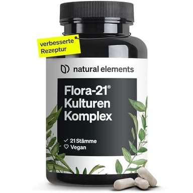 natural elements Flora 21® Kulturen Komplex – 21 Bakterienstämme + Bio Inulin – 180 magensaftresistente Kapseln – Laborgeprüft, vegan, hochdosiert und in Deutschland produziert
