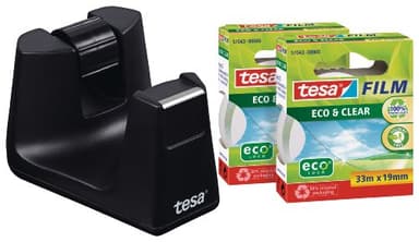 tesa Easy Cut SMART Klebebandabroller - Kompakter Tischabroller mit Anti-Rutsch-Technologie für Klebeband, inkl. 2 Rollen tesafilm eco & clear