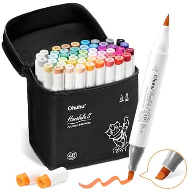 Ohuhu Marker, 48+1 Farben Pinsel und weicher Meißel Doppelte Spitzen Nahtloses Mischen Nachfüllbare Tinte Alkohol Marker für Künstler Erwachsene Färbung Illustrationen Skizzieren - Honolulu S