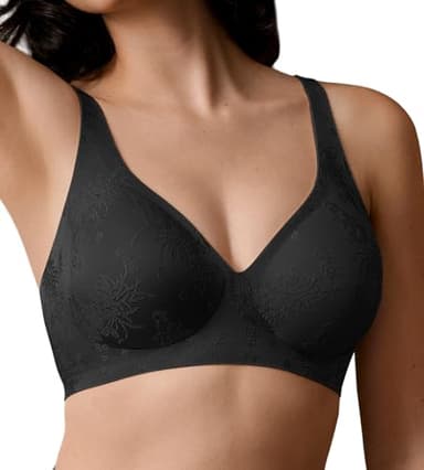 SHARICCA Damen-BHS Tiefe V-Ausschnitt Bügelfrei Nahtloser Weich Atmungsaktiver Vollbügel BH mit Starker Stütze Bequeme Spitzenunterwäsche mit elegant Jacquard-Muster,Schwarz,L
