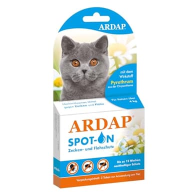 ARDAP Spot On für Katzen über 4kg - Natürlicher Wirkstoff - Zeckenmittel für Katzen, Flohmittel Katzen, Zeckenschutz Katze - 3 Tuben je 0,8ml - Bis zu 12 Wochen nachhaltiger Langzeitschutz (PT19)