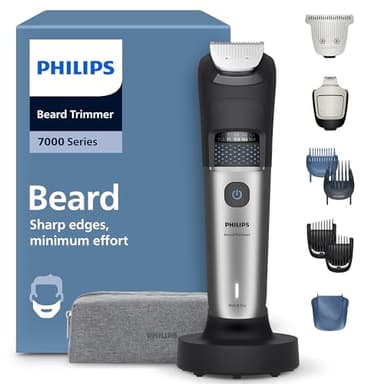 Philips Bartschneider 7000er-Serie – selbstschärfende Metallklingen, 40 Längeneinstellungen, BeardSense-Technologie, Haarkollektor, 100% wasserdicht, breiter Trimmer, Modell BT7670/15