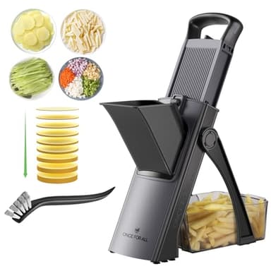 ONCE FOR ALL Upgrade Safe Mandoline Slicer Plus, größere Größe, verstellbarer Gemüse- und Lebensmittelzerkleinerer, Kartoffelfrites-Schneider, abnehmbare Klinge (Schwarz grau)