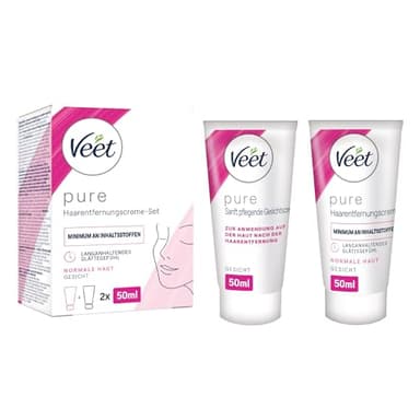 Veet Pure Haarentfernungs-Set Gesicht - Für Oberlippe, Wangen & Augenbrauen, normale Haut - 50 ml Enthaarungscreme, 50 ml Pflegecreme & Spatel